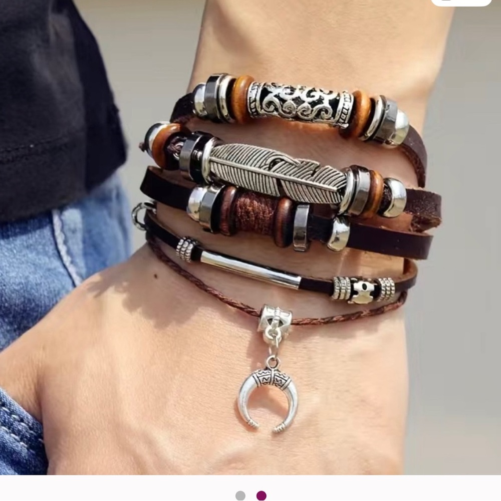 Unk Men's Leather and Silver Bracelet Set